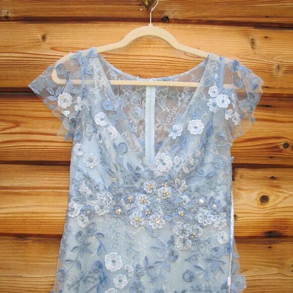 MAC DUGGAL 68192 Blue Embroidered Applique Wrap Over Flutter Sleeve Gown - Picture 8 of 14